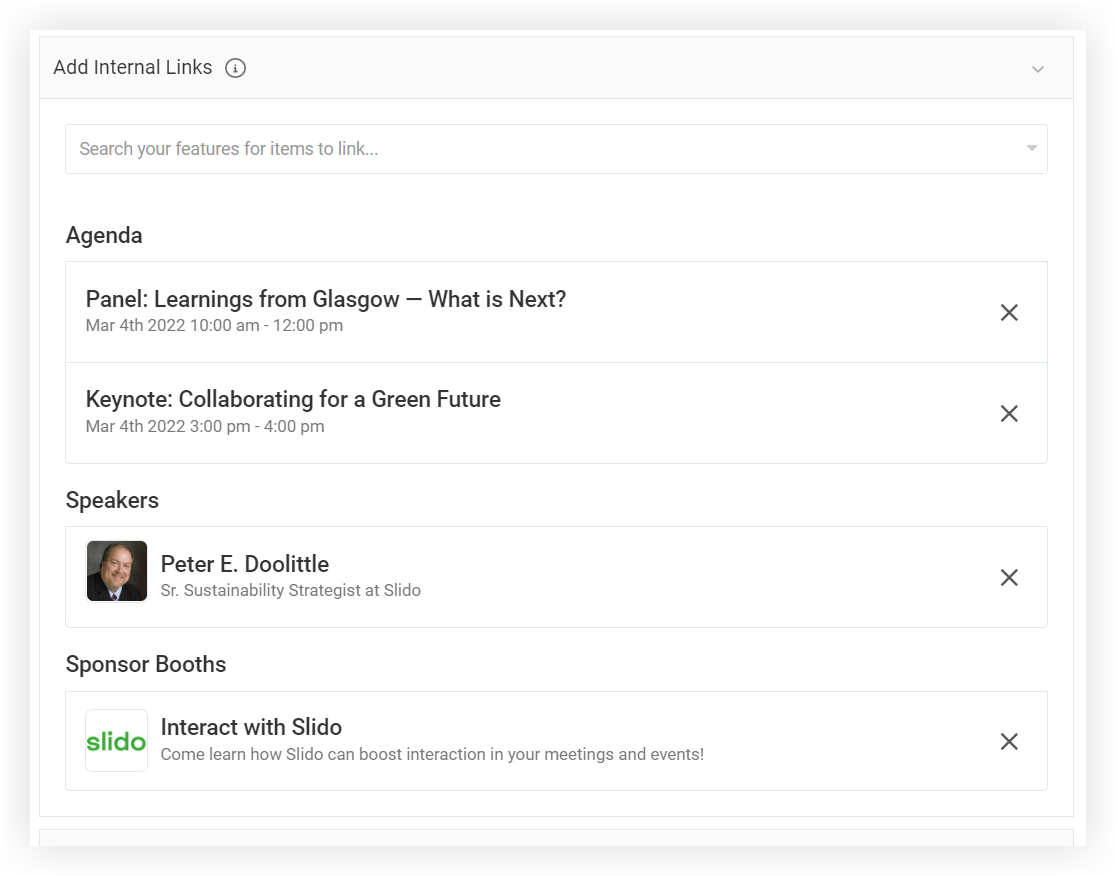 The Add Internal Links section of the modal.