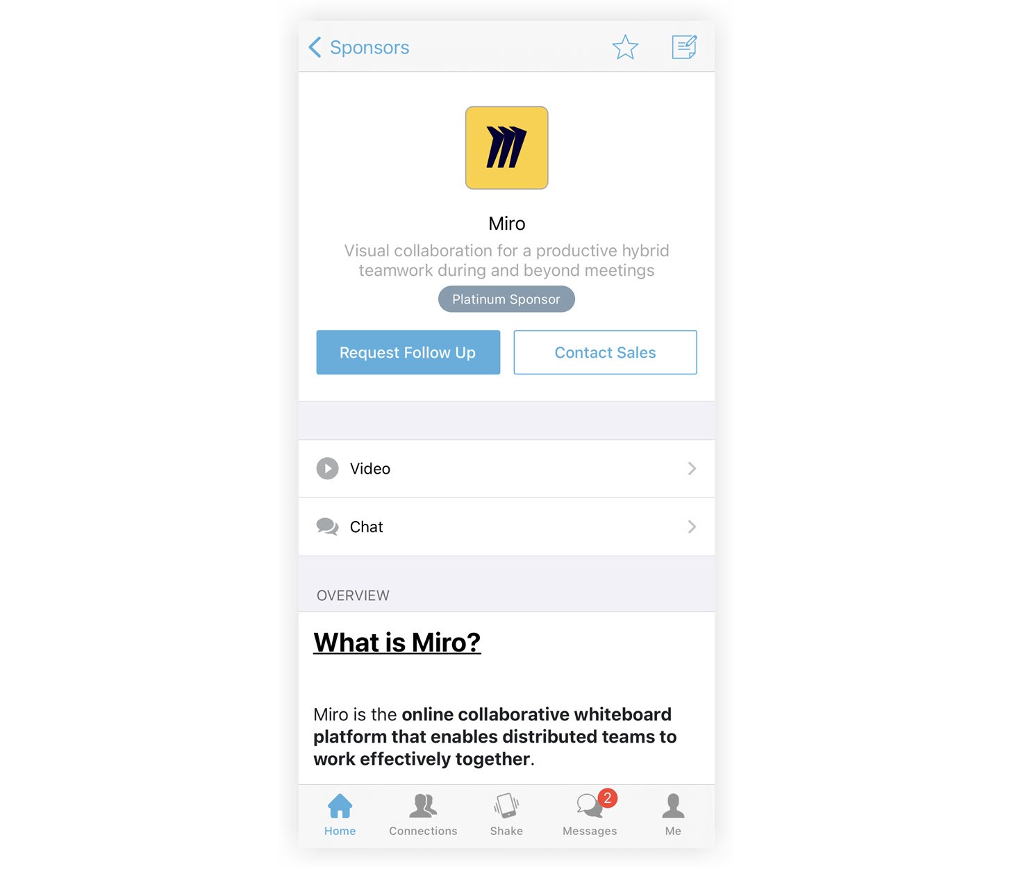 A Sponsor profile for Miro in the Mobile App.
