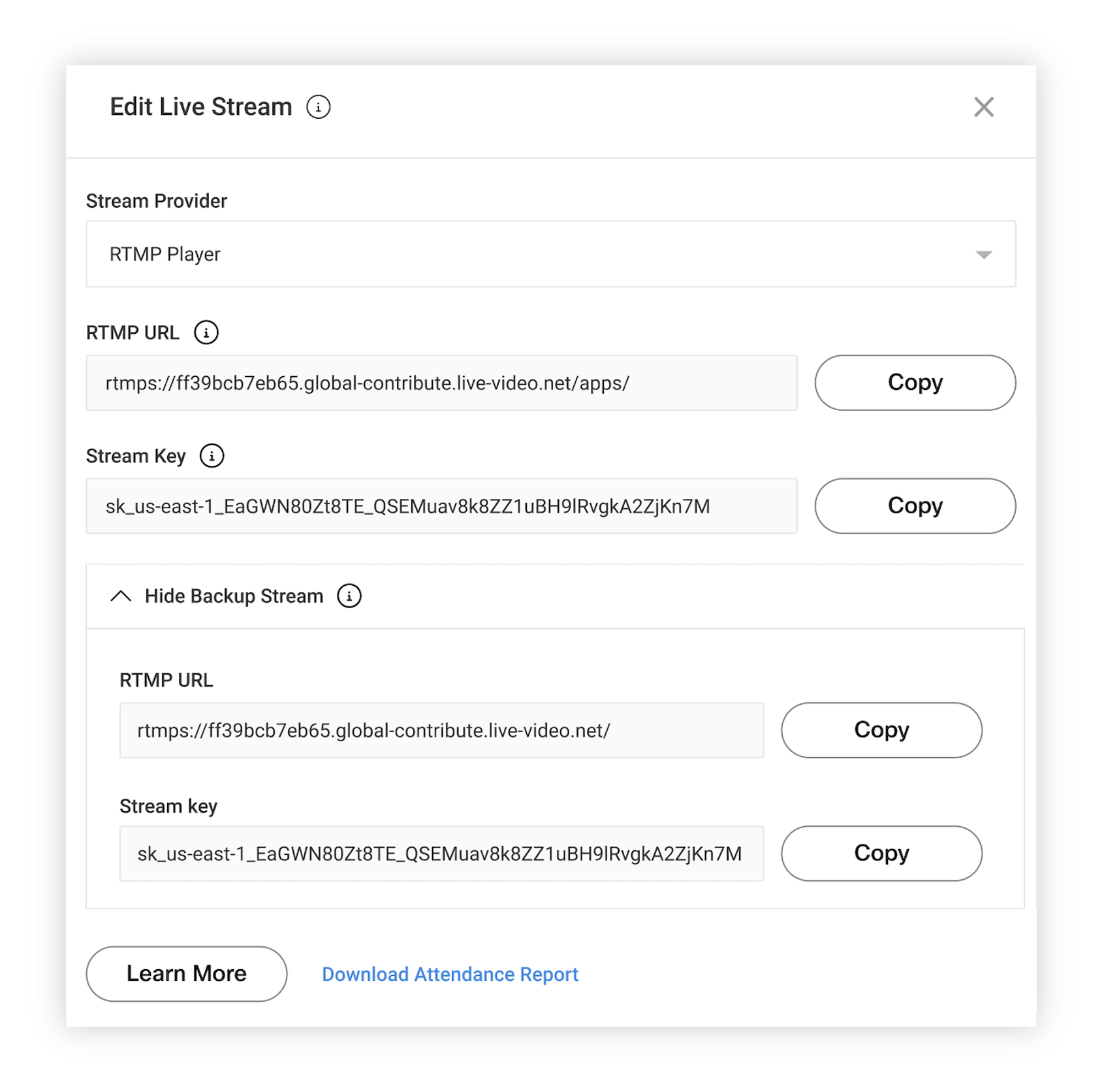 The expanded Show Backup Stream menu to reveal and copy the backup RTMP URL and Stream Key.