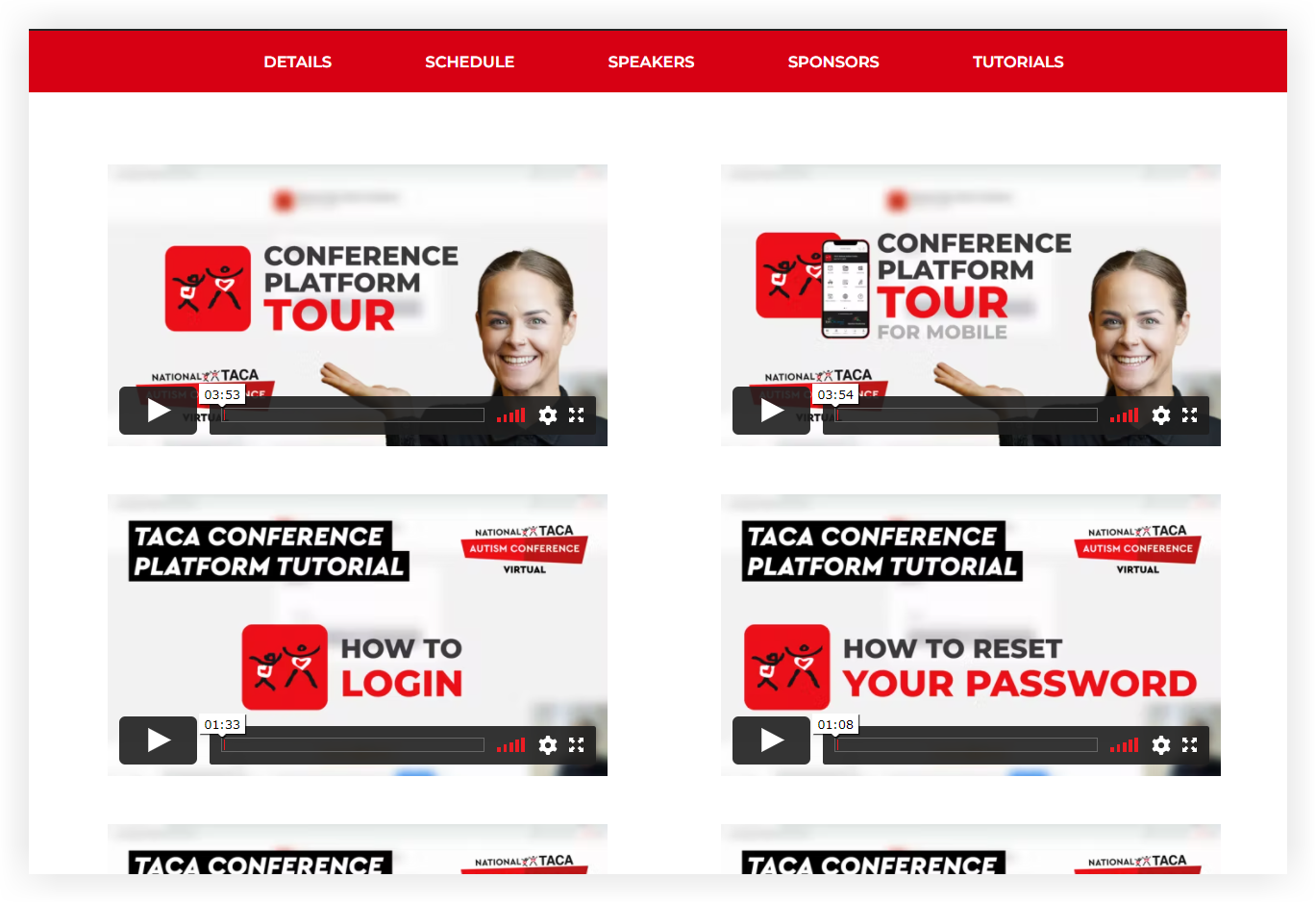 A list of videos on the TACA Autism Conference's Tutorials page.