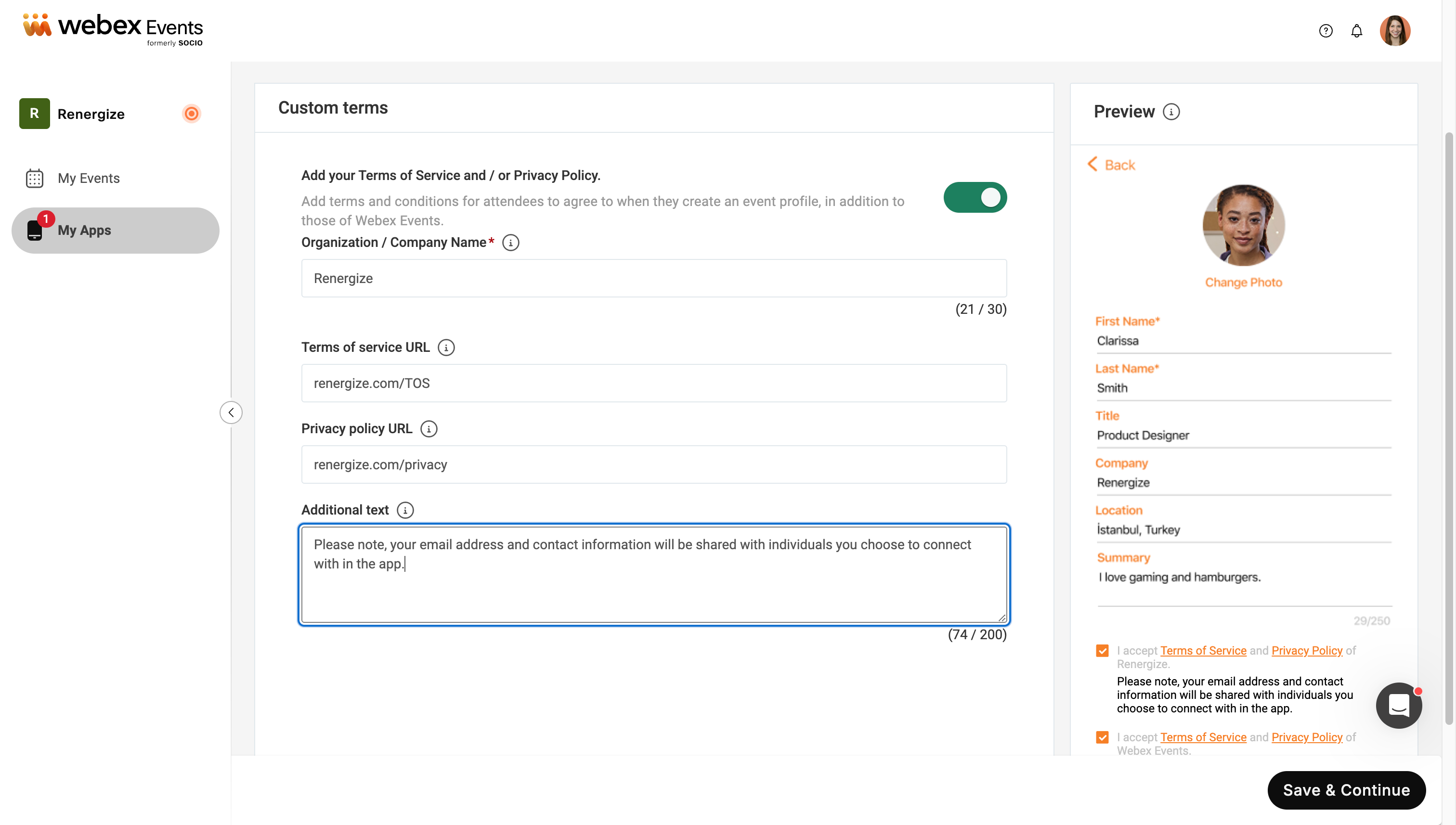 Click the toggle to customize several details, including links to your terms of service
        and privacy policy.