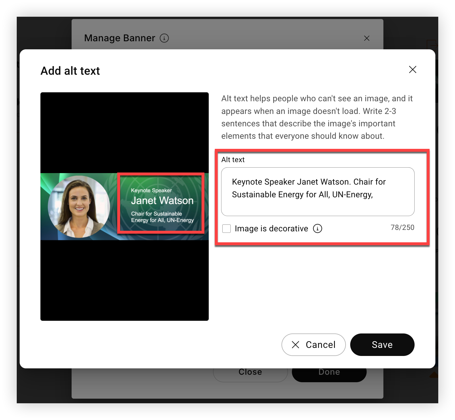 The example just described in the Add alt text modal.