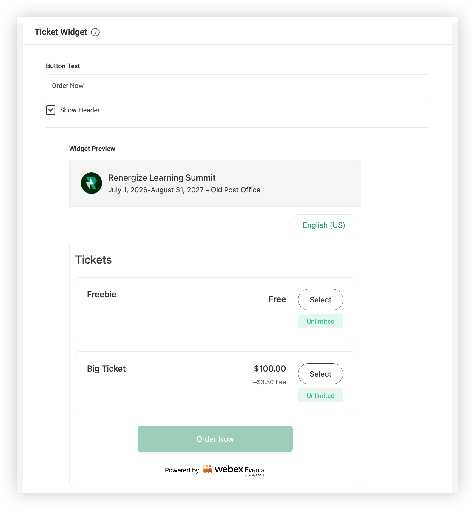 The Ticket Widget preview in the Webex Events platform.