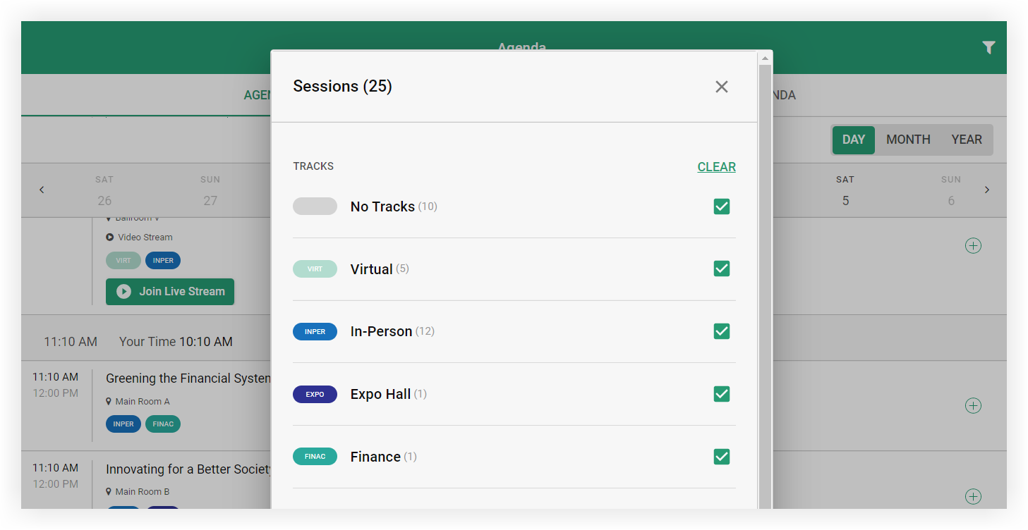 The session filter modal.