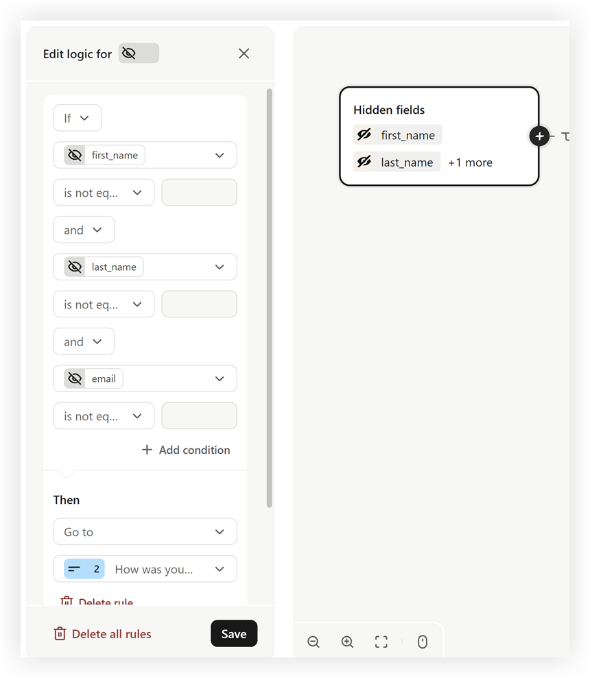 The logic panel for the hidden fields with rules set for first name, last name, and email.