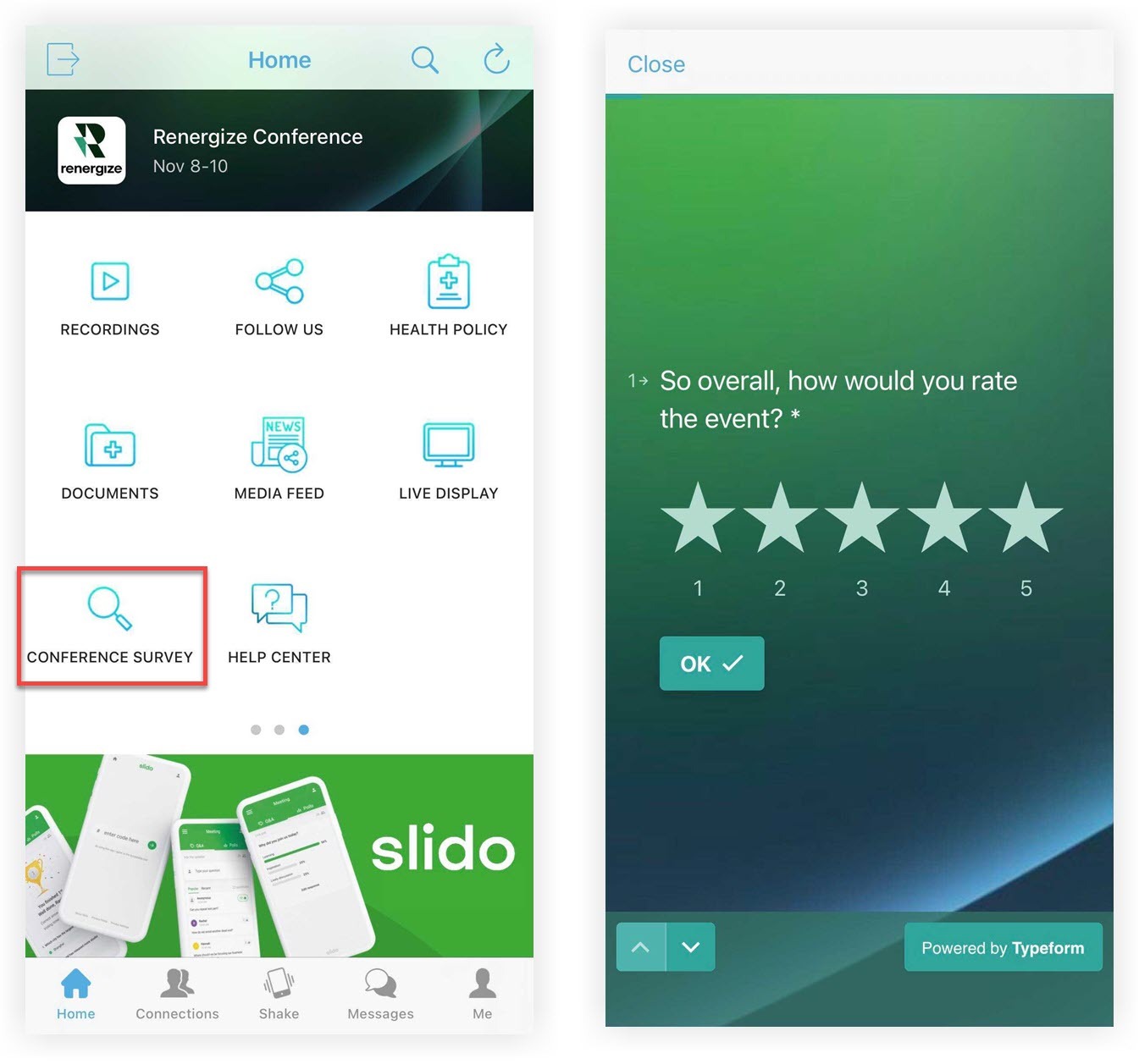 A Conference Survey web link feature in the Mobile App, and a Typeform open in a mobile device.