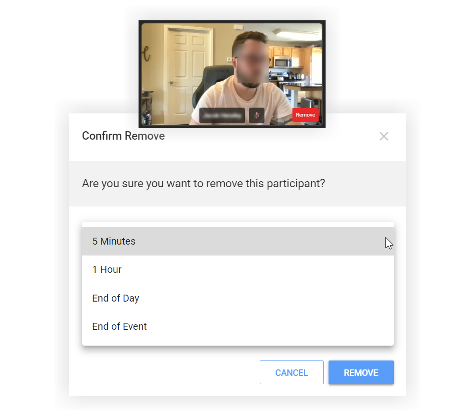 The Remove button on a video card and the Confirm Remove modal.