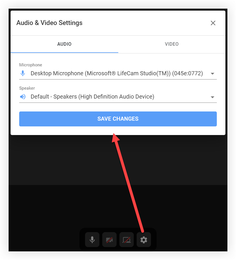 The Audio and Video Settings modal for a Video Room.