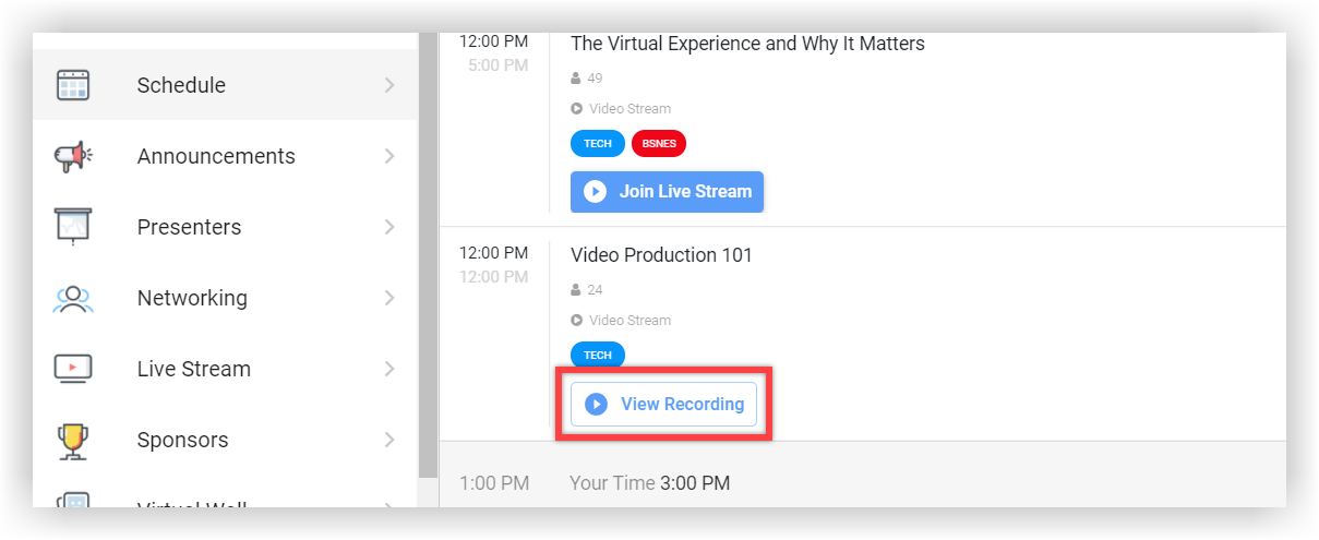 The View Recording button on an Agenda Session in the Web App.