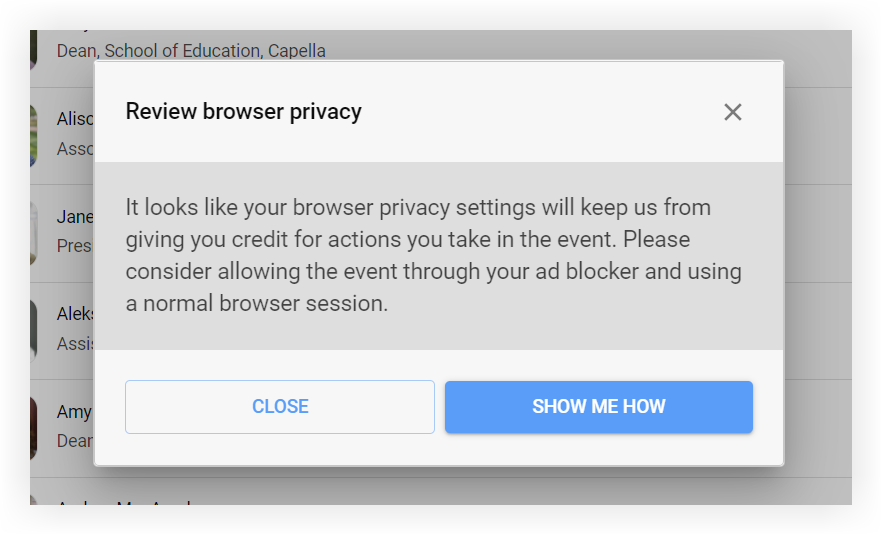 The Warning title and description on the Web App.