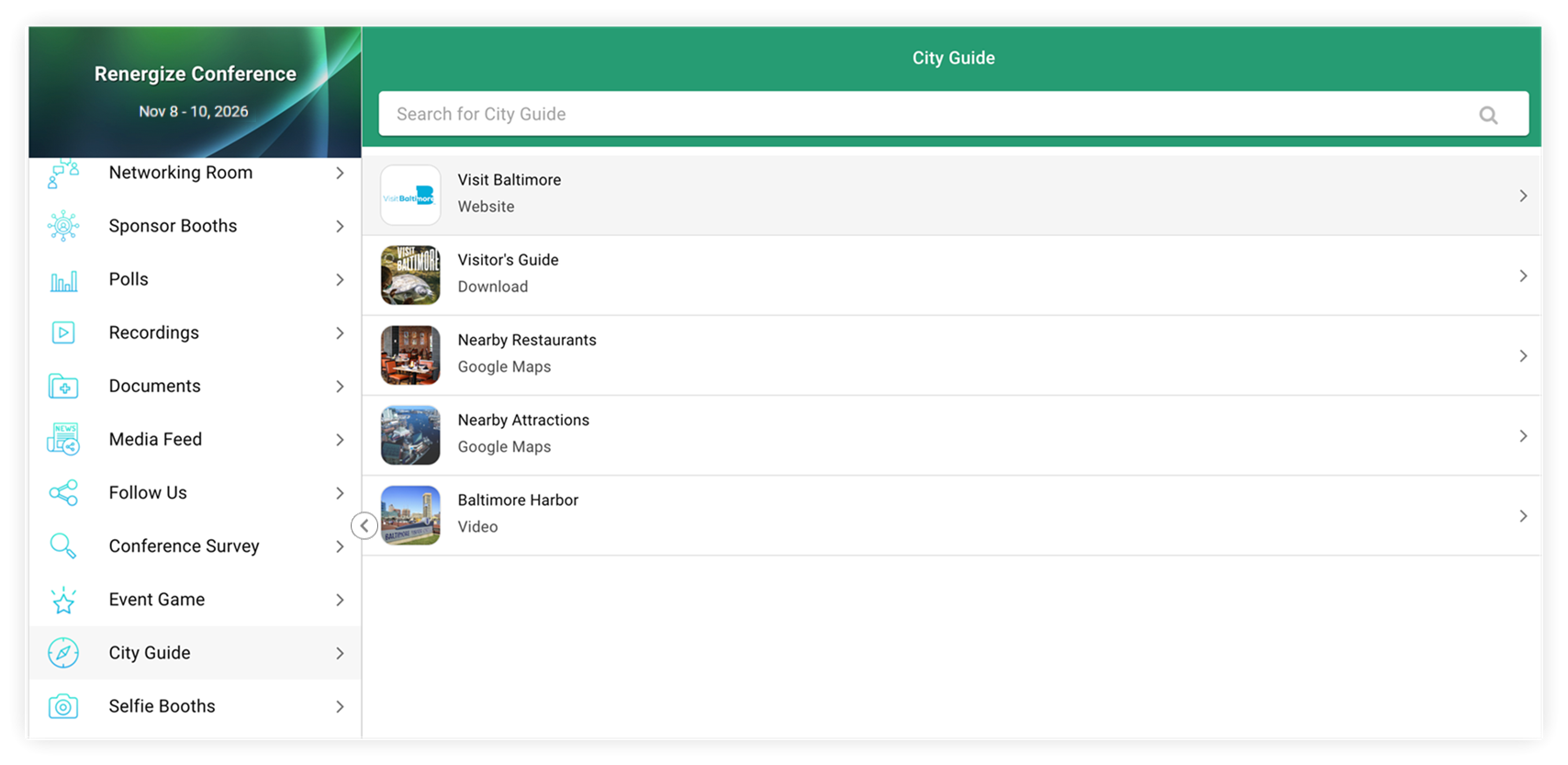 A Web List feature in the Web App. The feature is renamed 'City Guide'.