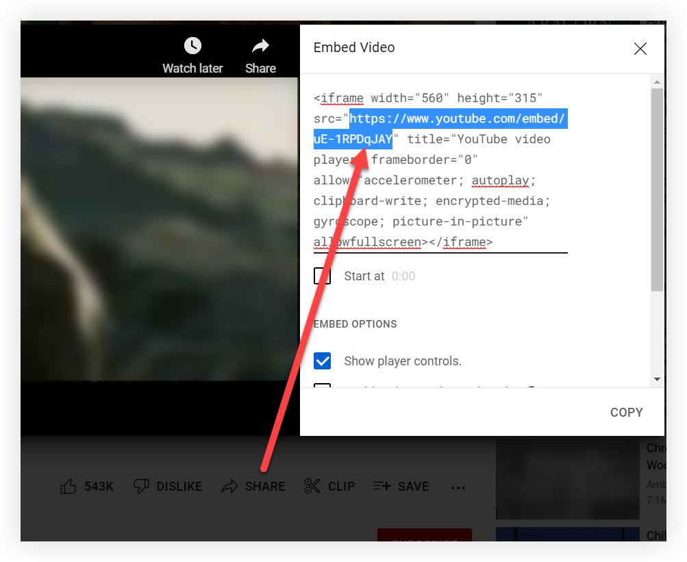 The Embed Video modal in YouTube.
